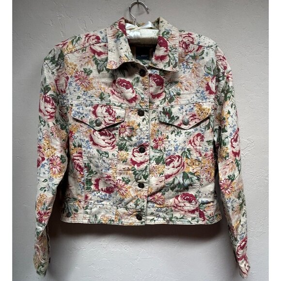 90s Vintage Lizwear Ramie Cotton Floral Cropped Jacket Medium Multicolor Casual